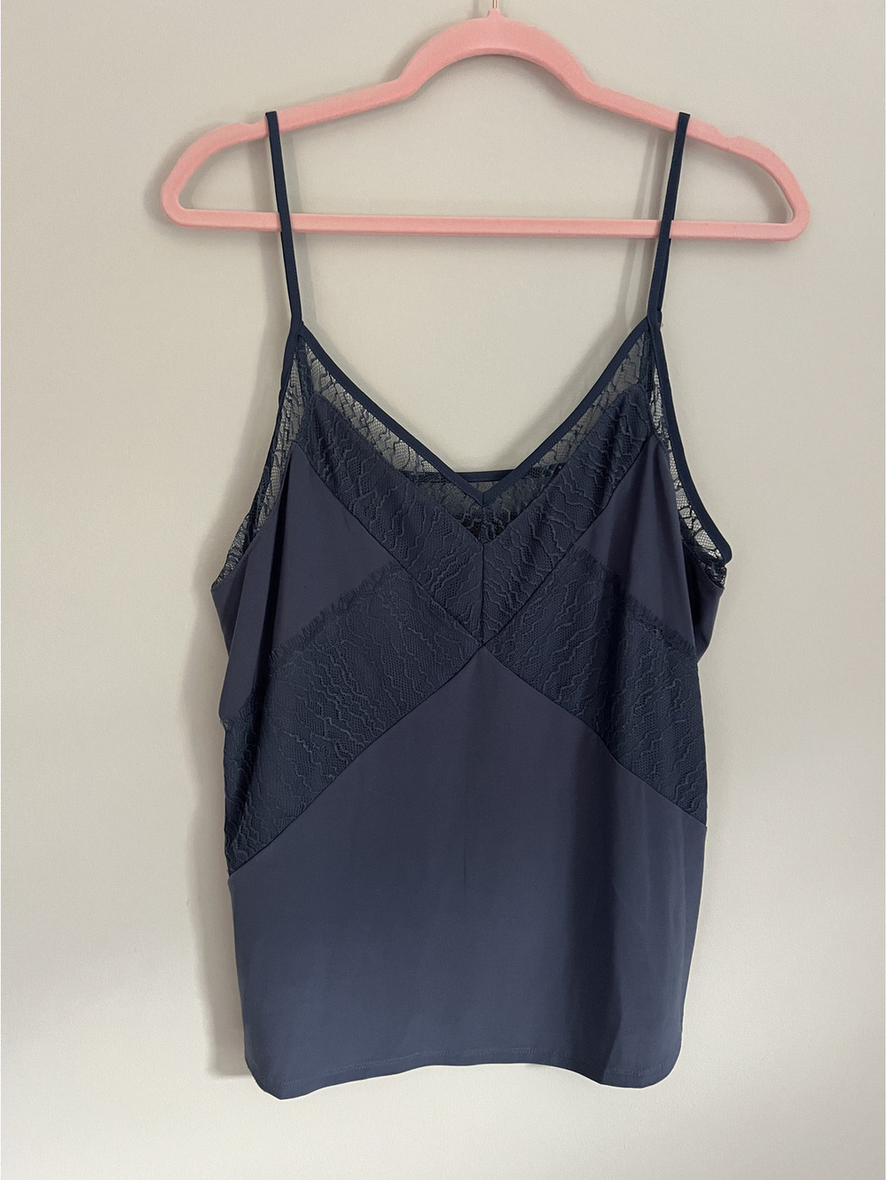White House Black Market Lace Trim Cami Tank Blue/Gray V-Neck Spaghetti Strap